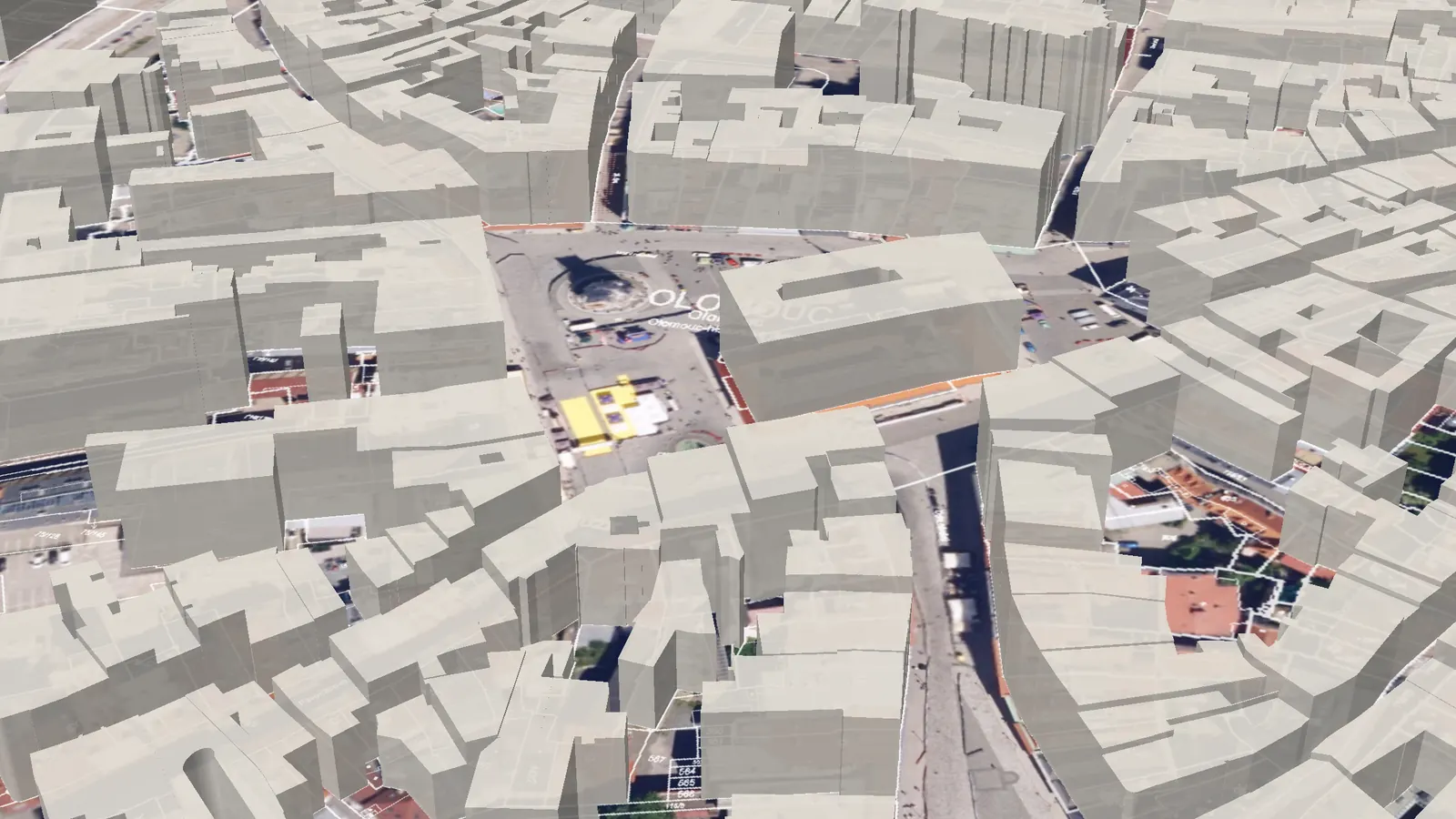 3D budovy nad ortofotem a katastrální mapou, Horní náměstí v Olomouci